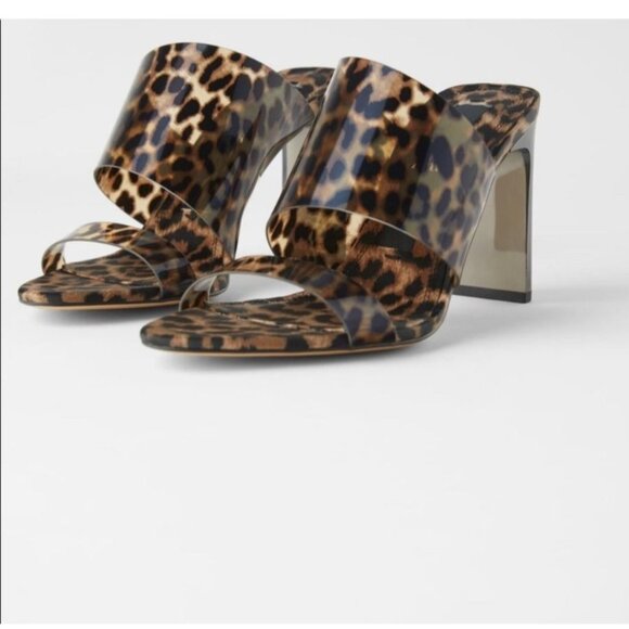 Zara Leopard Print Vinyl Heeled Mules EU 39 US 8.5 Chic & Trendy NWT Stylish Wom - Picture 1 of 16